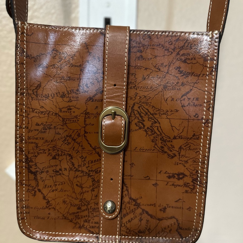 Patricia Nash  Vintage Map Print Brown Leather Crossbody Bag